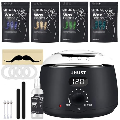 JHust Waxing Set, Heißwachsgerät mit 600g Wachsperlen - Wachswärmer Set mit After Wax Spray, Wachsgerät zur Haarentfernung, 6 x 100 g Wachsbohnen, Zubehör für Gesicht, Körper & Intimbereich (Schwarz)