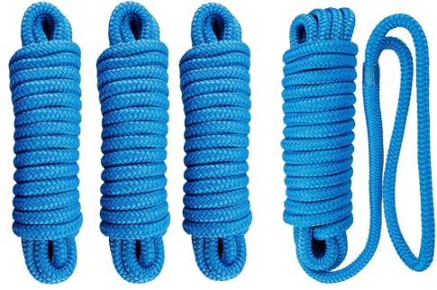 BOOMSTART Lot de 4 cordes d'amarrage de bateau de 12 mm avec œillet en nylon double tressé, diamètre 12 mm, longueur : 6,1 m, œil 30,48 cm, charge de rupture : 2240 kg, bleu