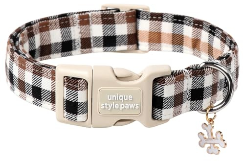Unique style paws Hundehalsband mit Schnellverschluss, aus Baumwolle, langlebiges und niedliches Geschenk für kleine, mittelgroße und große Hunde und Hündinnen, braunes Karomuster