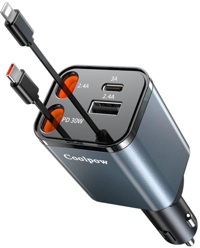 4 EN 1 Cargador Coche USB C, 69W Cargador Mechero Coche【180° Plegable】 Car Charger Adaptador Móvil Coche con 2 Cables Retráctiles para iPhone 16/15/Samsung S25/S24/iPad/GPS