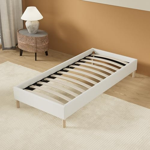 Lit avec sommier - Dimensions 80 x 200cm - Revêtement Tissu Blanc - Stable et Robuste/Pieds centraux de Renfort