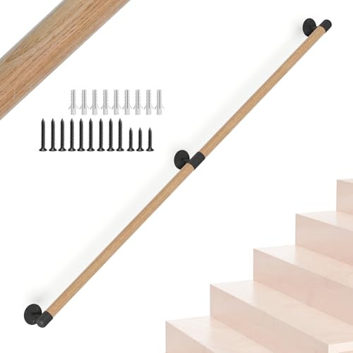 NArra 150CM/5FT Round Wooden Stair Handrail,Indoor Staircase Handrail | Wall Mount Support Stair Railings,Non-Slip Safety Corridor,Lofts,Patio,Guardrail Wood Hand Railings for Elderly,Children