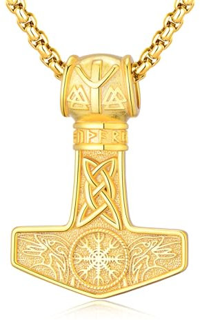 PARYFO Thors Hammer Halskette 925 Sterling Silber Gold Thor Hammer Anhänger Mjölnir Kette Vegvisir Amulett Schmuck für Männer Damen Unsiex, Sterling Silber
