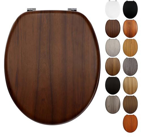 Fanmitrk Traditional Wooden Toilet Seat - Adjustable Zinc Alloy Hinges - Made of Multiple Styles Wood Grain MDF - Easy to Clean and Install for Bathroom 43.3 x 36.8 x 5.5 cm (JHE171-1-02)