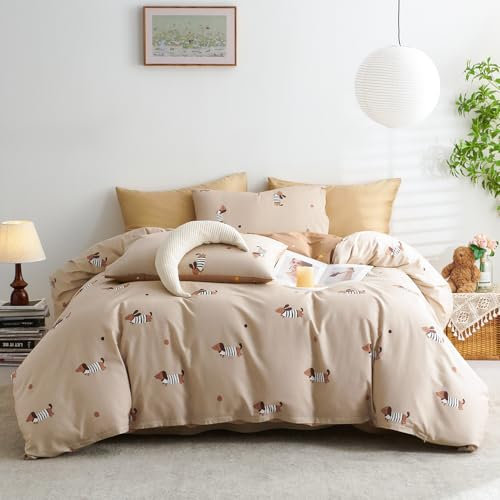 Nyescasa Baumwolle Bettwäsche 135x200 Mädchen Dackel Bettwäsche Set Kinder Jungen Khaki Dachshund Wendebettwäsche mit Reißverschluss und 1 Kissenbezug 80x80 cm