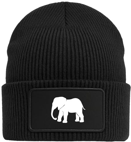 Huuraa Beanie Elefant Silhouette Geschenk | Black Geschenkidee Schwarze Rippstrick Wintermütze mit austauschbarem Klett Patch
