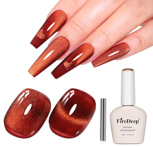 Firedeep 10ml Hema Free Red Brown Cat Eye Gel Nail Polish Soak Off Long Lasting Holographic UV/LED with Magnetic Stick Gift for Women 1Pcs