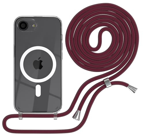 EAZY CASE - Handykette kompatibel mit iPhone 16e Kette zum Umhängen Stoßfest Handyhülle für Silikon Hülle mit Band Handytasche Transparent als Fallschutz in Burgunder Rot