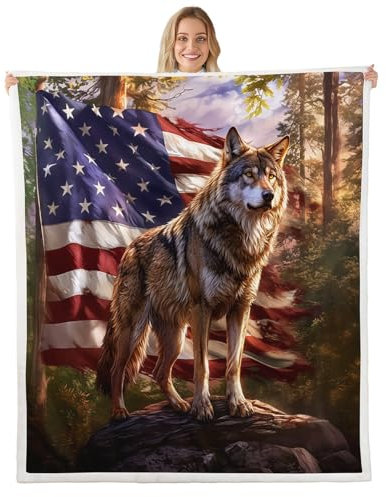 richhome Simpatica coperta in pile con lupo per letto, divano, bambini, 76,2 x 101,6 cm, bandiera americana, decorazione per stanza, lupi ululanti, animali selvatici, coperta pelosa