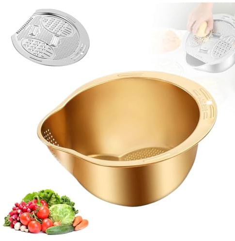 ASIAD Küchensieb Edelstahl, Modell Multifunktions Sieb Edelstahl, Sieb Küche Geeignet zum Waschen von Früchten, Gemüse und Reis, Raspeln von Gemüse und Schneiden in Scheiben,Gold