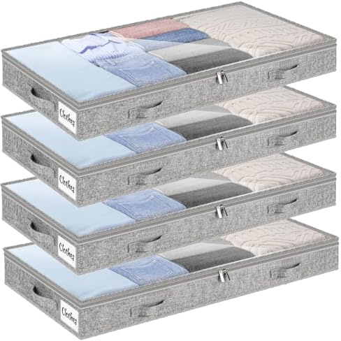 Lot de 4 boîtes de rangement sous le lit, commodes sous le lit avec couvercle transparent - 10 cm de haut - Rangement et organisation des vêtements - En matériau durable - Sans structure solide - 4
