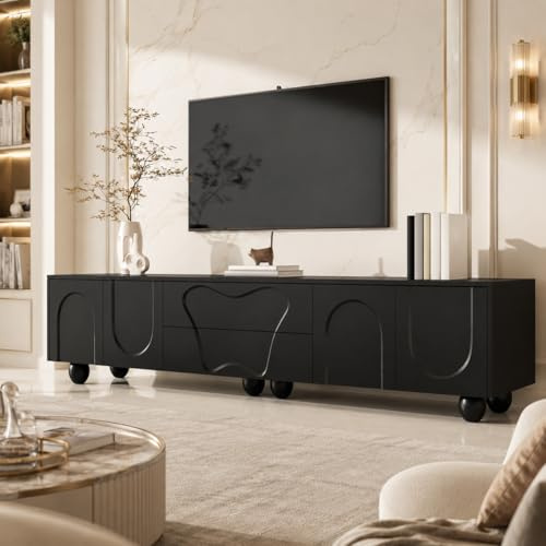 Mobile TV da 180 cm con 4 ante e 2 cassetti, mobile TV per TV 55 65 80 pollici, tavolo per soggiorno, camera da letto, motivo geometrico, 180 x 40 x 42 cm, nero (nero)