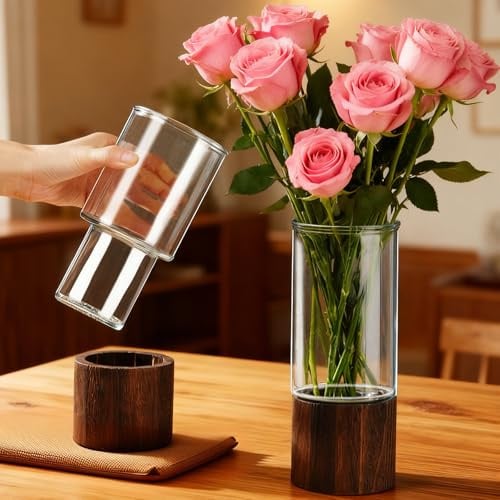 Modern Zylinder Vase Glas Blumenvase, Glasvase mit Holzsockel Höhe 25cm Blumen Pflanzenbehälter für Zuhause Büro Deko Geschenk für Hochzeit Einweihungsparty