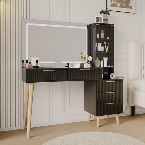 HIMAugbo Moderner Schminktisch, 120cm mit 90cm Spiegel & 3 Farblichtern. 5 Schubladen, offene Ablagen, Glas-Tischplatte Ladestation (Black)