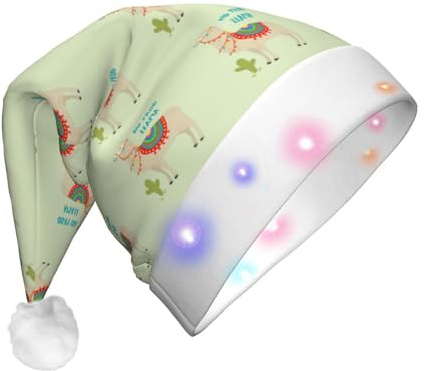 SDEGTHO Niedliche Cartoon-Lama-Kaktus-Mütze, Weihnachtsmannmütze, beleuchtet, mit blinkenden LED-Lichtern, für Erwachsene