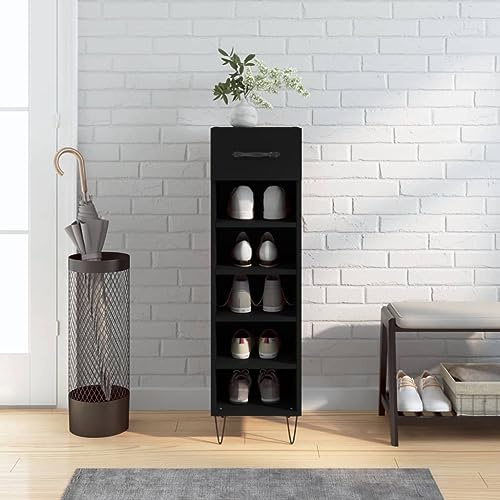 Fangmaliuyun Schuhschrank Schwarz 30x35x105 cm mit 5 Fächern und Schublade aus Holzwerkstoff und Eisenfüßen Modernes Design Stabil und Langlebig für Flur Schlafzimmer und Büro