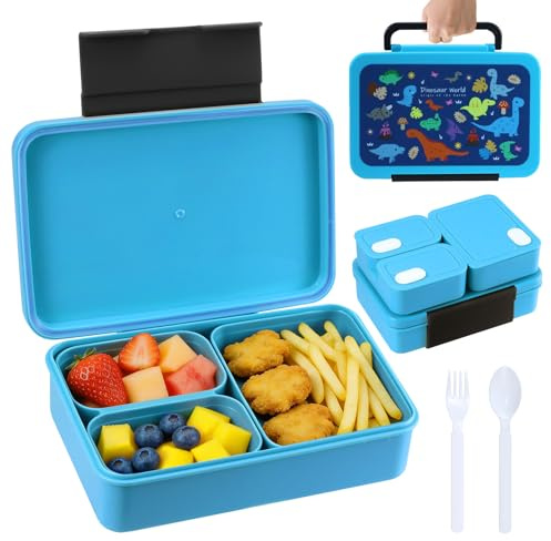lompyeu Lunch Box Niños 1200ml,Fiambrera Infantil Bento con 3 Compartimentos,lonchera sellada a prueba de fugas, sin BPA,Caja de Almuerzo y Picoteo para Niños (Azul)