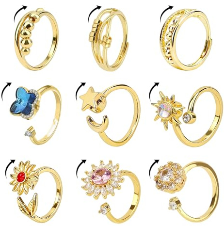 JSTHHTT 9 Stück Fidget Ring Mädchen, Angst Spinnerei Ring, Anti Stress Ring, Anxiety Ring, Stress Ring, Anti Stress Rings, Einstellbar Offen Spinner, Geschenk für Frauen, Gold