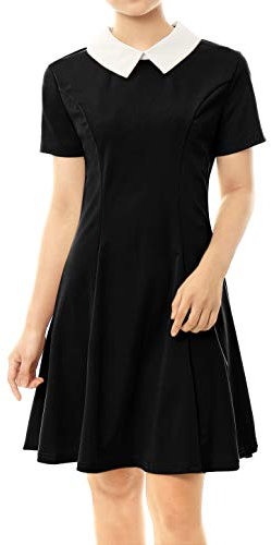 Allegra K Women's Peter Pan Dresses Contrast Doll Collar Short Sleeves Above Knee Flare Dress Black XL