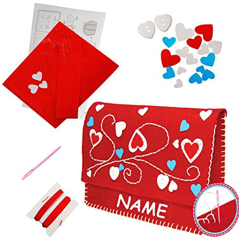 alles-meine.de GmbH Bastelset - Filz Handtasche/Clutch - Herzen rot - zum Sticken, einfaches Nähen per Hand - incl. Name - Tasche/Filztasche - Komplettset filzen - Creati..