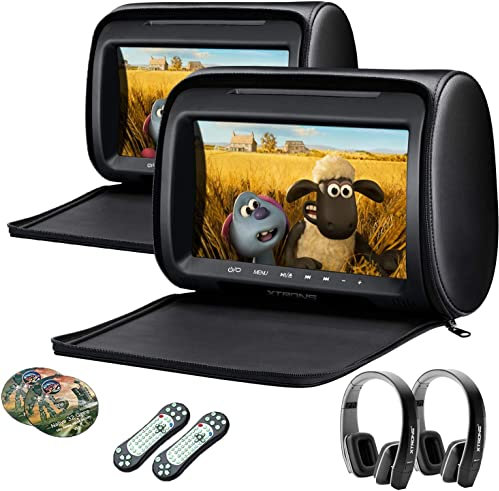XTRONS 2 x Car Headrest DVD Player, A Pair 9 Inch Car Monitor Backseat Pillow HD Digital Screen with HDMI Input Supports 32 Bit games RCA Output FM Transmitter, 2pcs Black IR Headphones Included