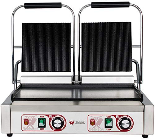 Beeketal 'BKG8' Gastro Doppelt Kontaktgrill mit Gusseisen Grillpatten (oben gerillt unten glatt) mit Fettauffangschale, Profi Edelstahl Elektrogrill ideal als Panini Grill Maker oder Sandwich Toaster