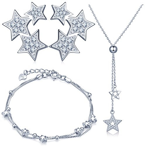 Yumilok 925 Sterling Silber Zirkonia Sterne Halskette Charm-Armband Ohrstecker Schmuck Set Kette mit Anhänger Armkette Ohrringe Set für Damen Mädchen