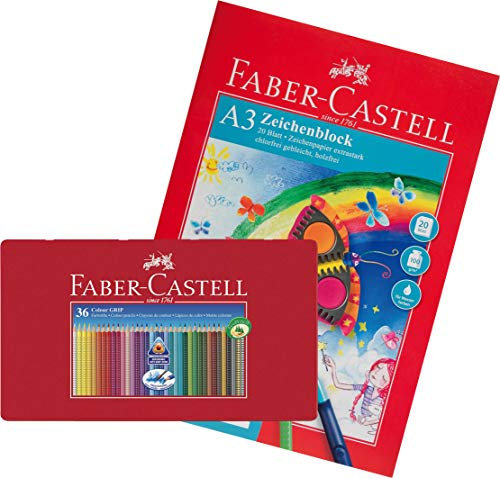 Faber-Castell 112435 Buntstifte Colour Grip 2001, 36er Metalletui (mit Zeichenblock A3)