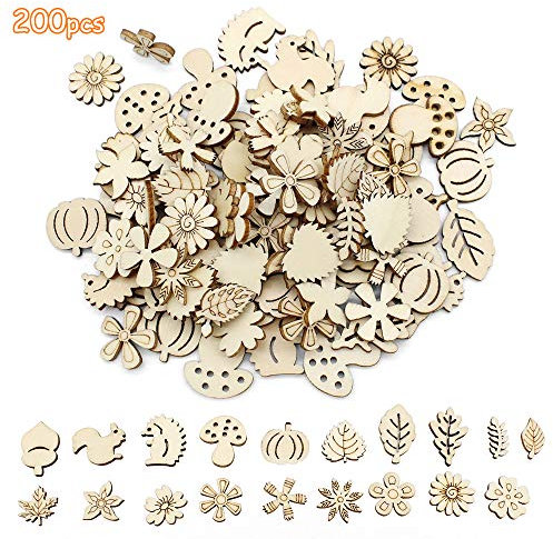 Dylan-EU 200 pièces Tranche en Bois Fleur en Bois Mixte Formes de Feuilles en Bois pour Arbre de Noël Mariage Bricolage Scrapbooking Anniversaire de Mariage Décoration de Table