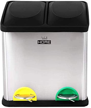 Wellhome - Cubo de basura ecológico de 16 litros, 2 compartimentos, gran capacidad, para papel, vidrio y plástico, ideal para el hogar, oficina, interior y exterior, color plateado, 31x26,5x39,5 cm