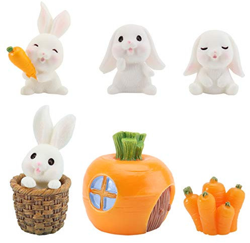BESTonZON Mini Hase Figuren Osterhase Osterdeko Miniatur Kaninchen 4pcs Häschen mit Häuschen Körbchen Karotte Mikrolandschaft Puppenhaus Feengarten Bonsai Ostern Frühling Party Dekoration
