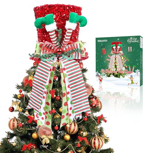 HMASYO 2021 Weihnachtsbaumspitze Hut – Große rote Pailletten Samt Bowler Derby Hut mit Elfenbeinen, Bowknot verlängertes Band, Weihnachtsbaumschmuck, Desktop-Ornamente für Urlaub Heimdekoration