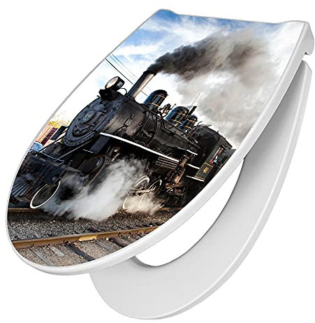 banjado Premium Toilettendeckel mit Absenkautomatik 45x38,4cm / WC Brille Soft Close/hygienischer Toilettendeckel/Klodeckel Duroplast mit Edelstahl Scharnier/Motiv Dampflok
