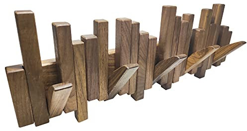 DESAINOPH® Porte-manteau mural en bois de noyer naturel fait à la main avec 5 crochets rabattables uniques et modernes pour manteaux, sacs, chapeaux, parapluies