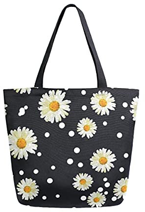 COZYhome - Bolso de lona grande, diseño de margaritas, reutilizable, bolsa de compras, bolsa de hombro para mujeres, trabajo, escuela, etc