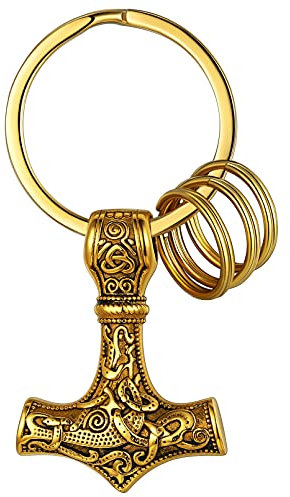 FaithHeart Goldener Keltischer Knot Mjölnir Keychain Punk Wikinger Thors Hammer Schlüsselanhänger mit Geschenkebox für Herren Männer