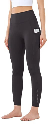 Leovqn Damen Sport Leggings Blickdicht Sporthose Hohe Taille Yoga Leggings mit Seitentaschen Schwarzer Granit L