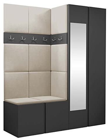 Mirjan24 Garderoben-Set Monati XII, Kleiderschrank mit Spiegel, Schuhschrank, 2X Kleiderhakenbrett, Gepolstertes Paneel/Wandpaneel, 6 Doppelhaken, Flurgarderobe, Wandgarderobe (Graphit, Manila 02)