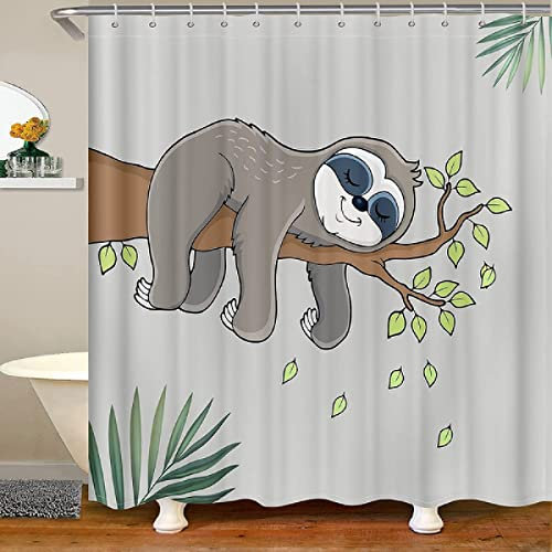 Duschvorhang 120x200 Süßes Faultier, Wasserdicht Anti Schimmel Duschvorhänge 3D Grau, Shower Curtains Waschbar mit 8 Ringe, Duschrollo für Badewanne, Dusche Badezimmer