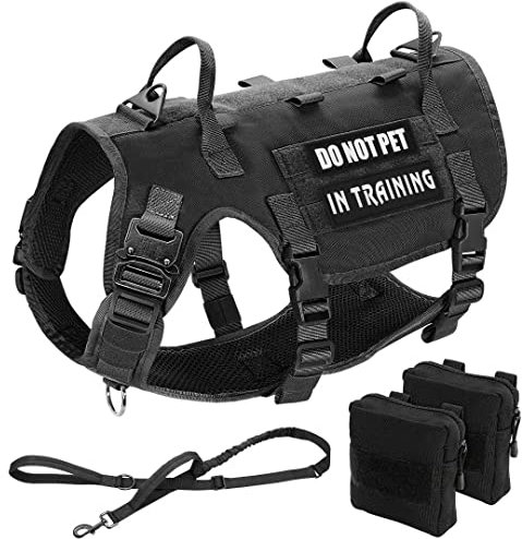 Beirui Robustes taktisches Hundegeschirr Leine Rucksäcke Set mit 2 Patches für mittelgroße Große Hunde,No Pull Sicherheitsgeschirr Hund Tactical Weste mit 2 Metallschnallen & Griffen,Schwarz,M