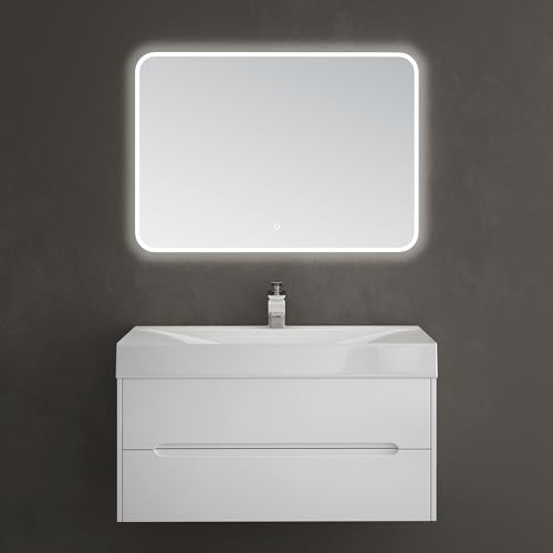 doporro Unterschrank mit Waschbecken länzend weiß 100cm LED-Spiegel | Wandhängendes Badmöbel-Set mit Mineralguss-Waschbecken, LED-Spiegel & Soft-Close – pflegeleicht für moderne Bäder Yoga