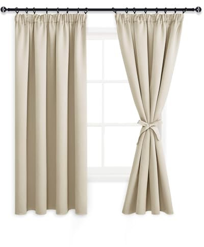 DWCN Vorhänge Wohnzimmer Blickdicht Kräuselband mit Vorhang-Krawatten, 2er Set H 183 x B 117 cm Vorhänge Dunkel Thermogardine Verdunkelung, Wärmeisolierend Thermovorhang für Schlafzimmer, Hell Beige