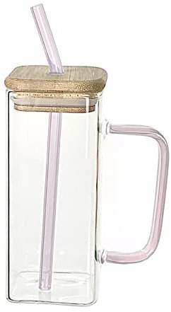 Quadratisches Glasbecher-Set, Eiskaffeetassen, Becher mit Deckel und Strohhalmfarbenem Griff, 13,5-Unzen-Biergläser mit Griff, Durchsichtige Hohe Glasbecher in Dosenform für Wasser, Saft,(Rosa)