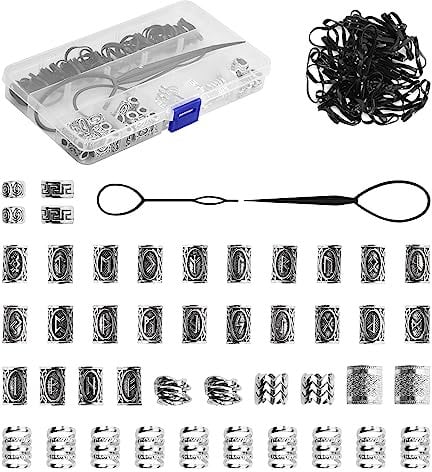 wangjiangda 44 Stück Wikinger Bart Perlen DIY Haar Bartperlen, Nordische Haarschlauch Perlen Dreadlocks Perlen mit 2 Stück Pull Hair Pin Quick Beader und 50 Stück Gummibänder