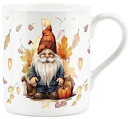 Garden Gnome Mug - Pumpkins and Leaves Small Fine Bone China White Mug Coffee/Tea Present Gift