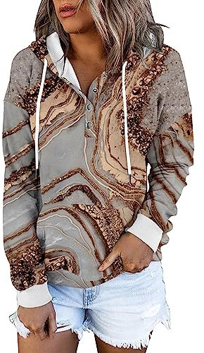 Fashion Damen Bekleidung Damen-Pullover, Bedruckt, modisch, lässig, langärmelig, Knopf, Kordelzug, Krawatte, Hut Schlitten Kordel (a-Brown, L)
