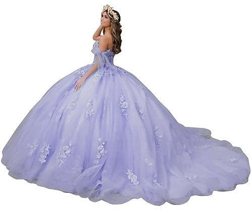 ZHengquan Vestidos de quinceañera de encaje para mujer, vestido de baile con hombros descubiertos, vestido de princesa con cola hinchada dulce 16, Lila, 54