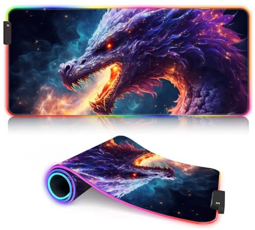Tapis Souris Jeu RGB Grand Tapis Souris LED étendu XXL 7 Modes Multicolores et 4 Modes d'effet Tapis Souris pour MacBook PC Elder Dragons Galaxy 15,7 x 35,4 Pouces