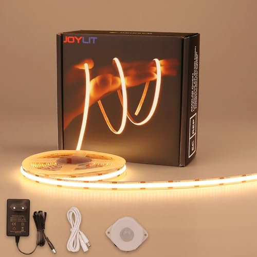 JOYLIT COB Tira LED con Sensor de Movimiento Interior 5 Metros, Tira de LED 3000K Blanco Cálido 12V 320LEDs/M 2 Modos Luz LED Adhesiva para Cocina Bajo Mueble, Pasillo, Armarios