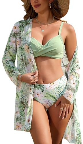 UMIPUBO Womens Swimsuit 3 Piece Bikini Sets Padded Swimwear with Beach Cover Ups Sexy Push Up Bikini Top Swim Bottoms Print Bathing Suits Swimming Costume Beachwear Sarong (Green, L)
